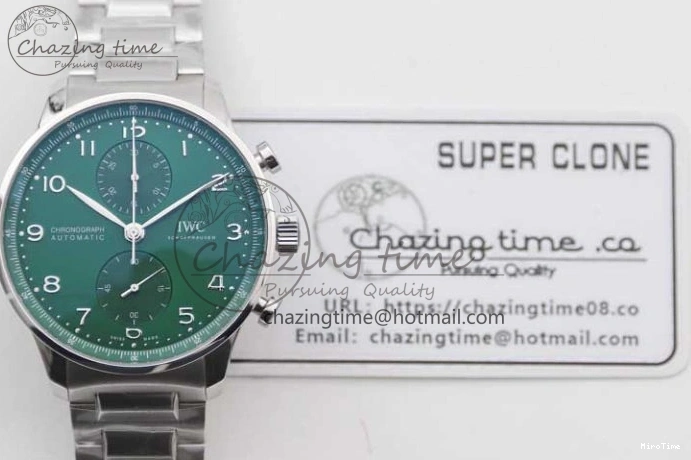 MIROTIME 1223 FastDry Portugieser Chronograph IW371615 ZF Best Edition Green Dial on SS Bracelet A7750 (Slim Movement) 7038